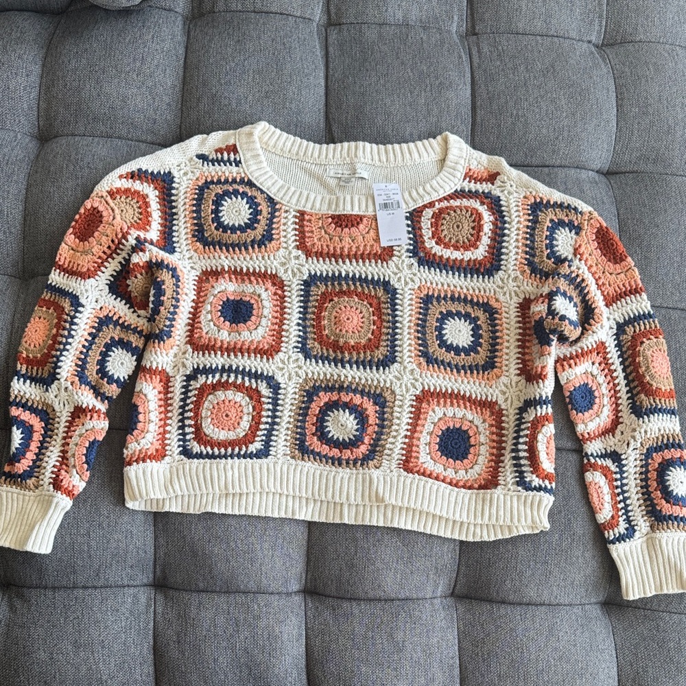American Eagle Outfitters Crochet Pattern Sweater - Cream, Orange, Blue